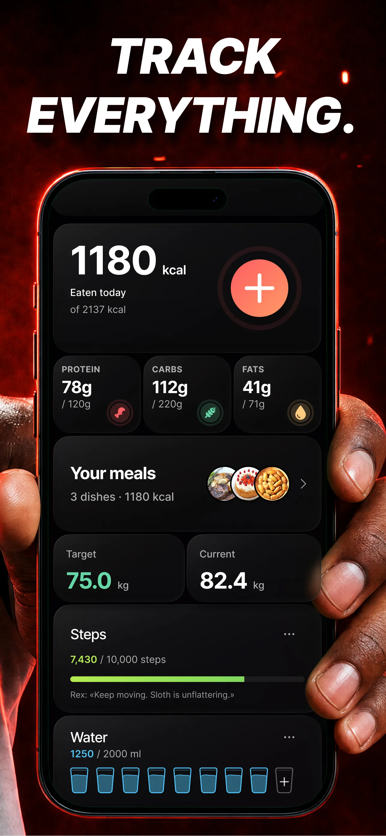 Home screen — calories, macros, weight, steps, water