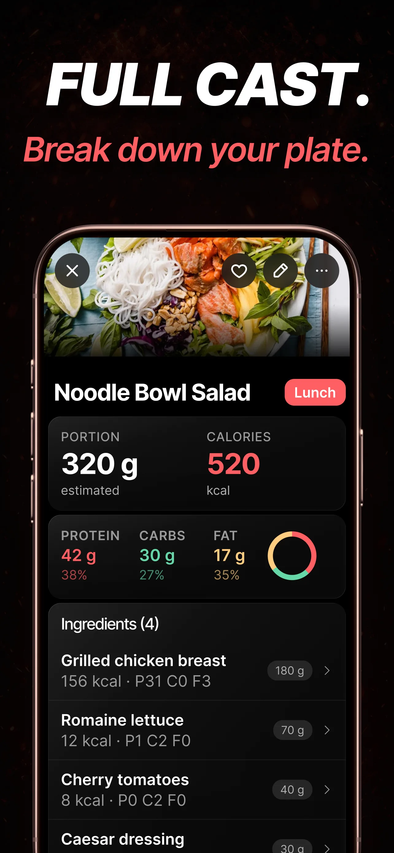 Meal detail — Noodle Bowl Salad with ingredient breakdown