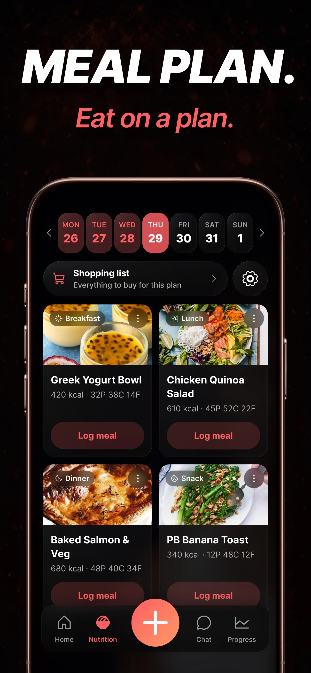 Weekly meal plan with breakfast, lunch, dinner and snack cards