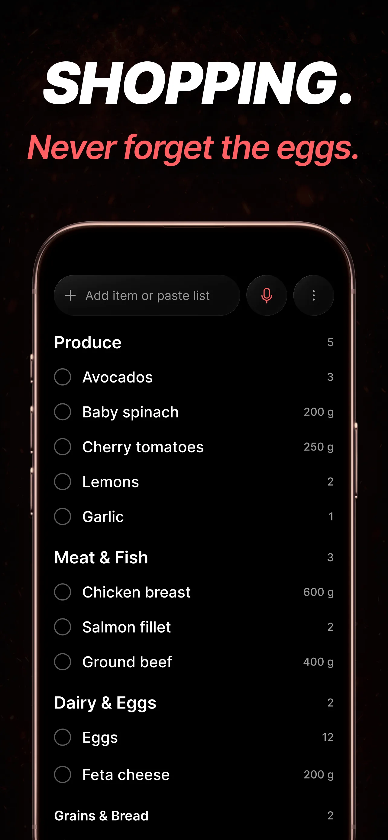 Shopping list organised by aisle — produce, meat, dairy