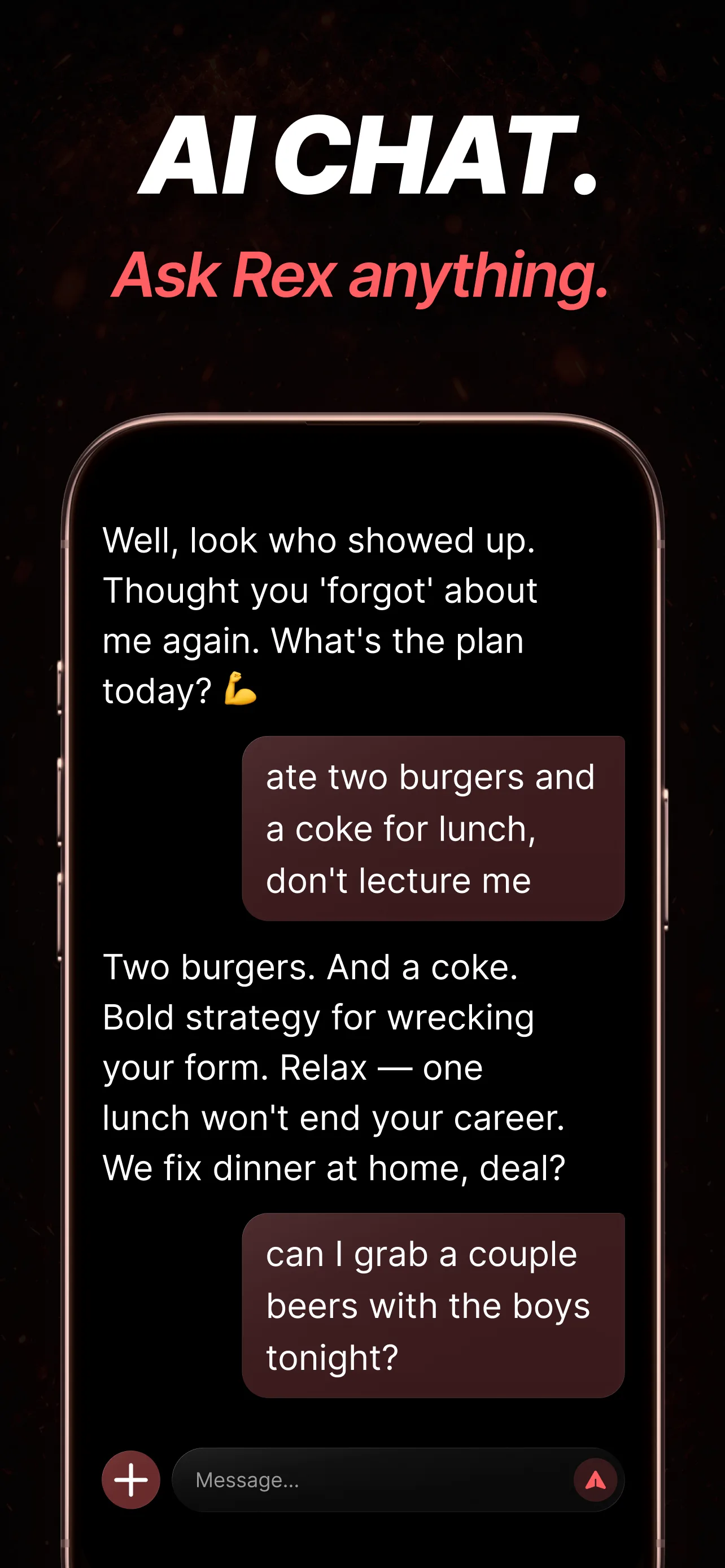 AI chat with Rex — sarcastic exchange about burgers and a coke